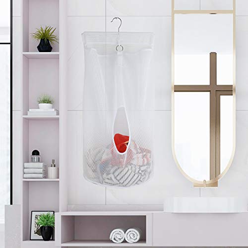 Hanging Mesh Laundry Bag, Large Collapsible Laundry Hamper Bag Quick Dry Bathroom Storage Organizer Caddy with Durable Hanger(White)