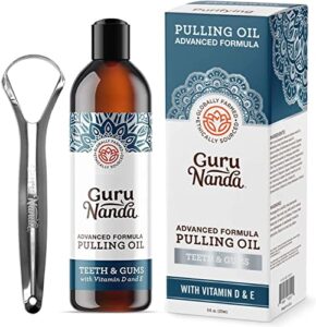 gurunanda advanced formula oil pulling with tongue scraper - oil pulling for healthy teeth & gums with vitamin d,e - coconut oil natural mouthwash, helps with fresh breath & teeth whitening (8fl. oz)