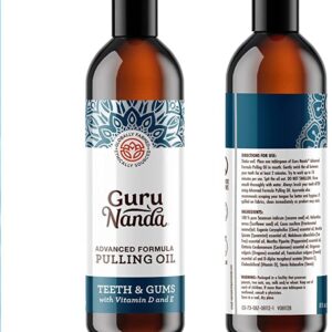 GuruNanda Advanced Formula Oil Pulling with Tongue Scraper - Oil Pulling for Healthy Teeth & Gums with Vitamin D,E - Coconut Oil Natural Mouthwash, Helps with Fresh Breath & Teeth Whitening (8Fl. Oz)