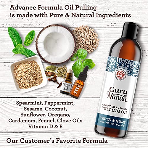 GuruNanda Advanced Formula Oil Pulling with Tongue Scraper - Oil Pulling for Healthy Teeth & Gums with Vitamin D,E - Coconut Oil Natural Mouthwash, Helps with Fresh Breath & Teeth Whitening (8Fl. Oz)