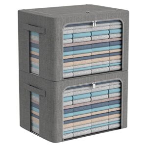 clothes storage bins box - linen fabric foldable stackable container organizer set with clear window & carry handles & metal frame - 2pack large capacity for bedding, blankets, toys, books