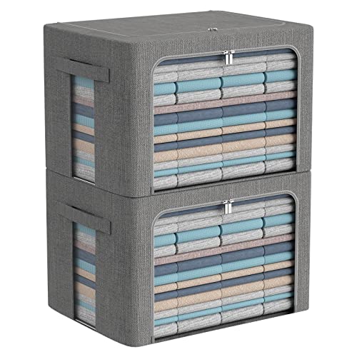 Clothes Storage Bins Box - Linen Fabric Foldable Stackable Container Organizer Set with Clear Window & Carry Handles & Metal Frame - 2Pack Large Capacity for Bedding, Blankets, Toys, Books