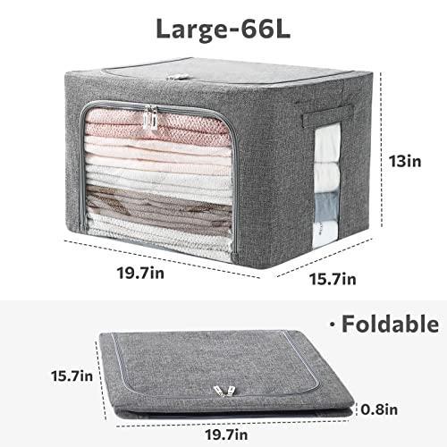 Clothes Storage Bins Box - Linen Fabric Foldable Stackable Container Organizer Set with Clear Window & Carry Handles & Metal Frame - 2Pack Large Capacity for Bedding, Blankets, Toys, Books