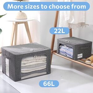 Clothes Storage Bins Box - Linen Fabric Foldable Stackable Container Organizer Set with Clear Window & Carry Handles & Metal Frame - 2Pack Large Capacity for Bedding, Blankets, Toys, Books