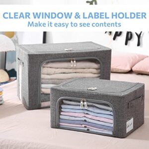 Clothes Storage Bins Box - Linen Fabric Foldable Stackable Container Organizer Set with Clear Window & Carry Handles & Metal Frame - 2Pack Large Capacity for Bedding, Blankets, Toys, Books