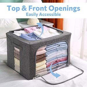 Clothes Storage Bins Box - Linen Fabric Foldable Stackable Container Organizer Set with Clear Window & Carry Handles & Metal Frame - 2Pack Large Capacity for Bedding, Blankets, Toys, Books