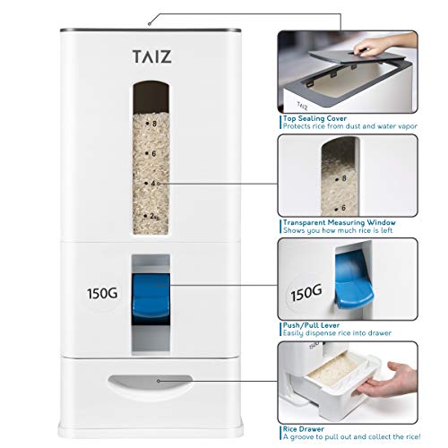 Taiz Rice Dispenser 25 pounds - Rice storage container 25 lbs, Japanese rice container storage 25lbs | Rice Holder, Rice Box, Kitchen Rice Storage Dispenser - Large Grain Dispenser MAX 26 lbs Capacity