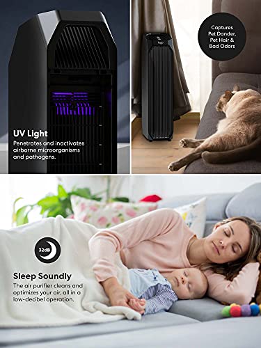 Lago Air Purifier for Home with True HEPA Odor Reducing Carbon Filters Up to 222 sq ft - Silent, Multiple Purification Speeds - Reduces Pet Dander, Pollen, Smoke, Dust (Black)