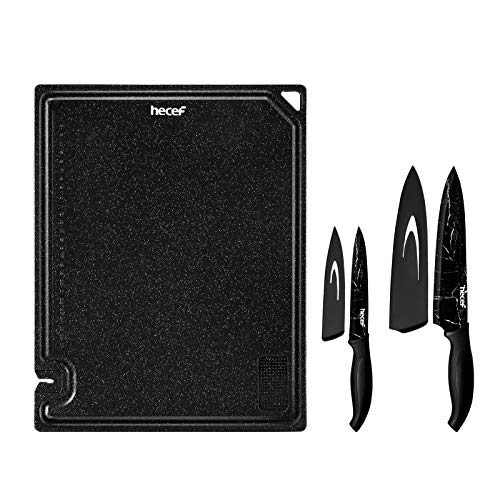 hecef 5 PCS Plastic Cutting Board and Knife Set- 2 Marble Pattern Kitchen Knives with 2 Extra Sheaths & 1 Multifunctional Chopping Board, Essential Cooking Utensil for Home,Kitchen & Restaurant