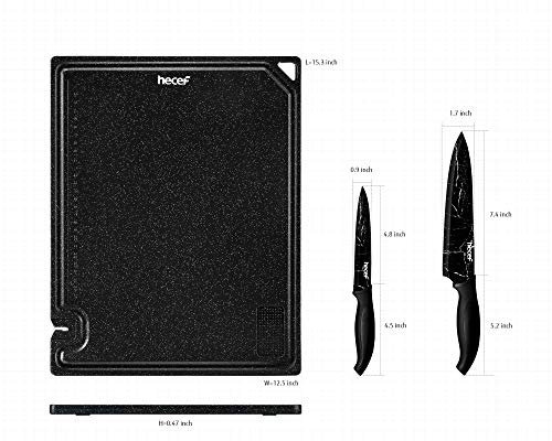 hecef 5 PCS Plastic Cutting Board and Knife Set- 2 Marble Pattern Kitchen Knives with 2 Extra Sheaths & 1 Multifunctional Chopping Board, Essential Cooking Utensil for Home,Kitchen & Restaurant