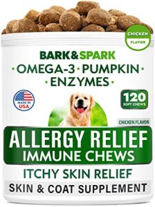 bark&spark allergy relief dog treats - omega 3 + pumpkin + enzymes - itchy skin relief - seasonal allergies - anti-itch & hot spots - immune supplement - made in usa - chicken flavor soft chews