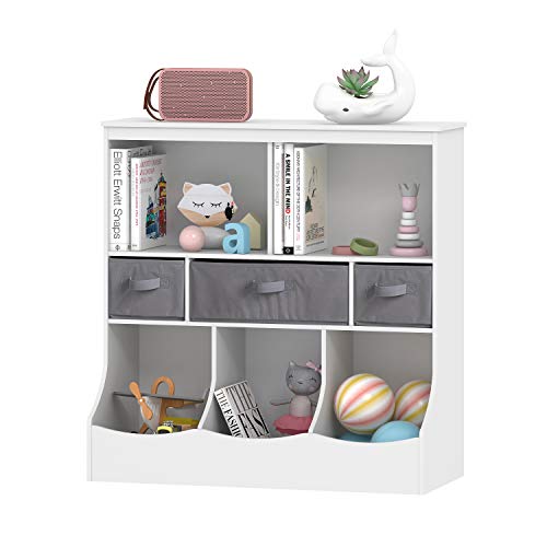 UTEX Toy Storage Organizer with Bookcase, Kid’s Bin Storage Unit with 8 Compartments &3 Baskets Bins, Toys Box Organizer, Kid’s Multi Shelf Cubby for Books,Toys,White