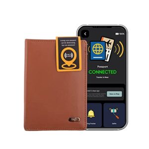 tag8 dolphin smart passport holder, android and ios compatible, genuine leather passport cover with ble tracker and rfid blocking technology, passport wallet and case for cards and cash, tan