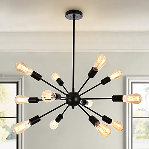 Loclgpm Modern Black Sputnik Chandeliers, 12 Light Metal Sputnik Light Fixture, Sputnik Chandelier Light for Living Room, Dining Room, Bedroom, Kitchen Island, Restaurant with Adjustable Base