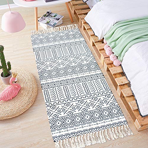 Lacomfy Boho Runner Rug Set 2PC Bathroom Rugs and Mats Black and White Moroccan Floor Mat Throw Rug for Bedroom Living Room Kitchen Laundry Room Farmhouse Decor, Cotton Bohemia Rug with Tassels