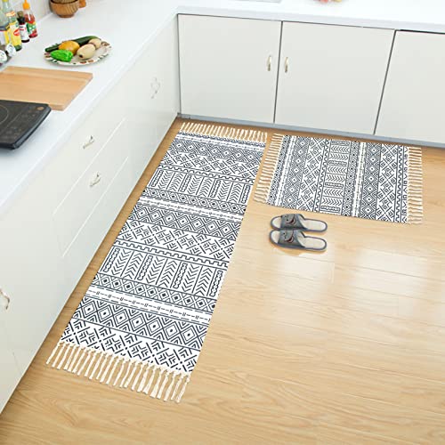 Lacomfy Boho Runner Rug Set 2PC Bathroom Rugs and Mats Black and White Moroccan Floor Mat Throw Rug for Bedroom Living Room Kitchen Laundry Room Farmhouse Decor, Cotton Bohemia Rug with Tassels