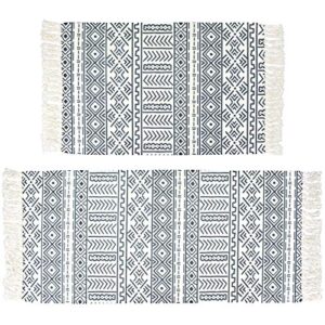 Lacomfy Boho Runner Rug Set 2PC Bathroom Rugs and Mats Black and White Moroccan Floor Mat Throw Rug for Bedroom Living Room Kitchen Laundry Room Farmhouse Decor, Cotton Bohemia Rug with Tassels