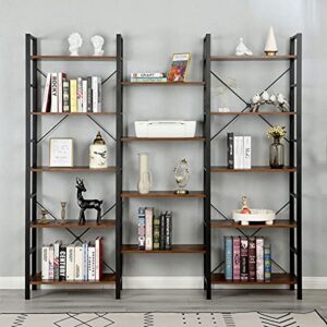 MELLCOM Triple Wide 5 Tier Industrial Bookshelf, 14 Open Storage Cubes, Vintage Wood Bookcase, Cube Bookshelf with Antique Wood and Metal Frames for Living Room, Bedroom & Office, Brown