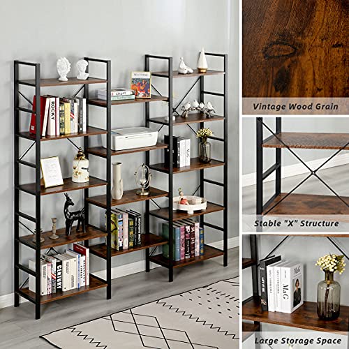 MELLCOM Triple Wide 5 Tier Industrial Bookshelf, 14 Open Storage Cubes, Vintage Wood Bookcase, Cube Bookshelf with Antique Wood and Metal Frames for Living Room, Bedroom & Office, Brown