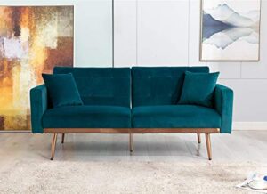 sleerway velvet futon sofa bed with 5 golden metal legs, sleeper sofa couch with two pillows, convertible loveseat for living room and bedroom, teal