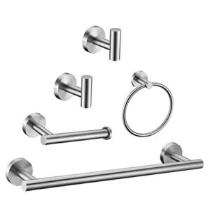 5 pieces brushed nickel bathroom hardware set include 16inch towel bar,2pcstowel hooks,toilet paper holder,hand towel ring round sus304 stainless steel bathroom accessories set heavy duty wall mounted