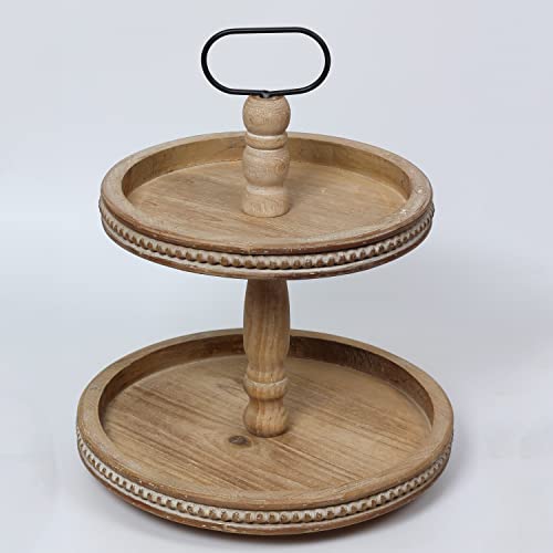 2 Tiered Tray Wooden Serving Stand Small Beaded Tray for Home Decor Display Farmhouse Country Decoration Kitchen or Dining or Room