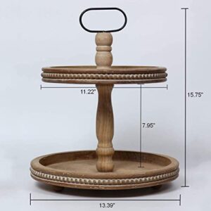 2 Tiered Tray Wooden Serving Stand Small Beaded Tray for Home Decor Display Farmhouse Country Decoration Kitchen or Dining or Room