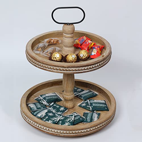 2 Tiered Tray Wooden Serving Stand Small Beaded Tray for Home Decor Display Farmhouse Country Decoration Kitchen or Dining or Room