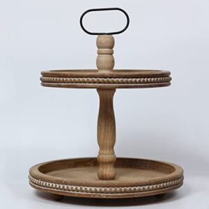 2 Tiered Tray Wooden Serving Stand Small Beaded Tray for Home Decor Display Farmhouse Country Decoration Kitchen or Dining or Room