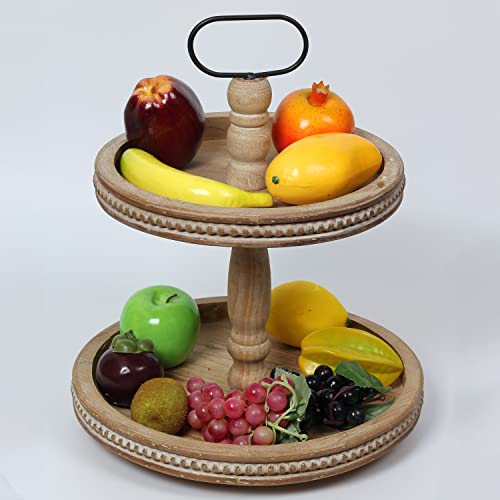 2 Tiered Tray Wooden Serving Stand Small Beaded Tray for Home Decor Display Farmhouse Country Decoration Kitchen or Dining or Room