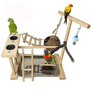 parrots playground bird play stand natural wood parrot perch gym playpen parakeet nest with feeder cups ladders lovebirds cage accessories toy exercise activity center for conure cockatiel lovebirds