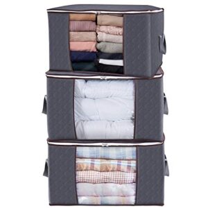 3 pack, 90l large capacity clothes storage bag organizer with reinforced handle thick fabric for comforters, blankets, bedding, foldable with sturdy zipper, clear window,