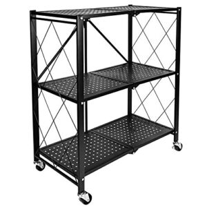 simple deluxe 3-tier heavy duty foldable metal rack storage shelving unit with wheels moving easily organizer shelves great for garage kitchen holds up to 750 lbs capacity, black (hkshlffold28153403b)