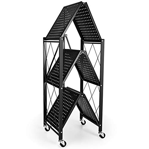 Simple Deluxe 3-Tier Heavy Duty Foldable Metal Rack Storage Shelving Unit with Wheels Moving Easily Organizer Shelves Great for Garage Kitchen Holds up to 750 lbs Capacity, Black (HKSHLFFOLD28153403B)