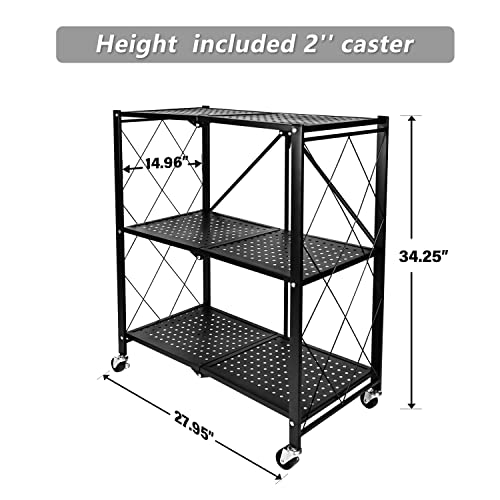 Simple Deluxe 3-Tier Heavy Duty Foldable Metal Rack Storage Shelving Unit with Wheels Moving Easily Organizer Shelves Great for Garage Kitchen Holds up to 750 lbs Capacity, Black (HKSHLFFOLD28153403B)