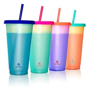 befano color changing cups, 24oz reusable plastic cups with lids and straws for adults and kids, bulk tumblers for iced coffee tea and smoothie, to go summer cups for party and travel -4 pack