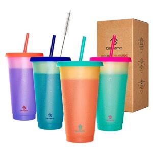 Befano Color Changing Cups, 24oz Reusable Plastic Cups with Lids and Straws for Adults and Kids, Bulk Tumblers for Iced Coffee Tea and Smoothie, To go Summer Cups for Party and Travel -4 Pack