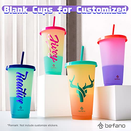 Befano Color Changing Cups, 24oz Reusable Plastic Cups with Lids and Straws for Adults and Kids, Bulk Tumblers for Iced Coffee Tea and Smoothie, To go Summer Cups for Party and Travel -4 Pack