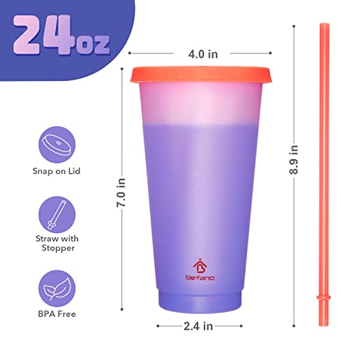 Befano Color Changing Cups, 24oz Reusable Plastic Cups with Lids and Straws for Adults and Kids, Bulk Tumblers for Iced Coffee Tea and Smoothie, To go Summer Cups for Party and Travel -4 Pack