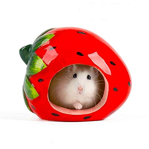 Small Animal Hideout Ceramic Hamster House Chinchilla Mini Hut Cave Cage Accessories for Dwarf Hamsters Gerbils and Hedgehog(Strawberry)