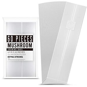 lostronaut 60-pack mushroom grow bags | extra strong large size breathable autoclavable spawn co2 bag for growing mushrooms | tear-proof 6'' x 5'' x 20''.2 micron filter, 4.8mil