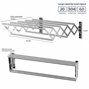 qurutma Wall Mounted Clothes Drying Rack,Stainless Steel Accordion Retractable Drying Rack for Laundry Room/Bathroom Tower，Easy to Install 31-inch Rod, 60 lb Capacity- Indoor and Outdoor Use