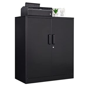 stani metal storage cabinet, storage cabinet with 2 adjustable shelves, steel counter cabinet with lockable doors for home office (black)
