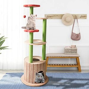 SENNAUX 51in Cat Tree Multi-Level Cat Tower Cat Condo Cat Activity Tree with Sisal Scratching Post Cat Climbing Flower Tower House for Cats Kittens Pets 6 Layers(Light Brown&Red)