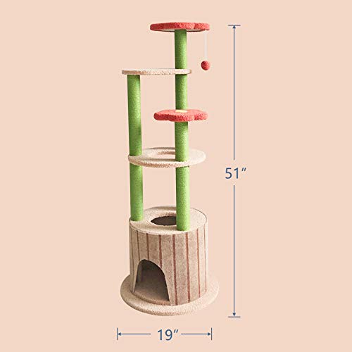 SENNAUX 51in Cat Tree Multi-Level Cat Tower Cat Condo Cat Activity Tree with Sisal Scratching Post Cat Climbing Flower Tower House for Cats Kittens Pets 6 Layers(Light Brown&Red)