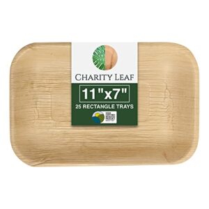 charity leaf disposable palm leaf 11" x 7" trays (25 pieces) bamboo like serving platters, disposable boards, eco-friendly dinnerware for weddings, catering, events