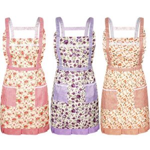 syhood 3 pieces kitchen floral aprons soft flower aprons women chef aprons adjustable cooking aprons with pockets for kitchen cooking baking gardening household cleaning supplies, 3 colors