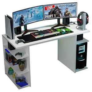 madesa gaming computer desk with 5 shelves, cable management and large monitor stand, wood, 24" d x 53" w x 29" h - white
