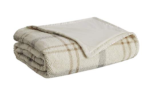 LONDON FOG - Popcorn Plaid Plush Collection - 50x60 Sculpted Sherpa Throw - Grey/Neutral