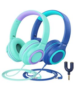 iclever 2 pack kids headphones with microphone - 94db safe volume limited - hs22 wired headphones for kids teens with sharing splitter, tangle-free foldable stereo headset for school/tablet/travel